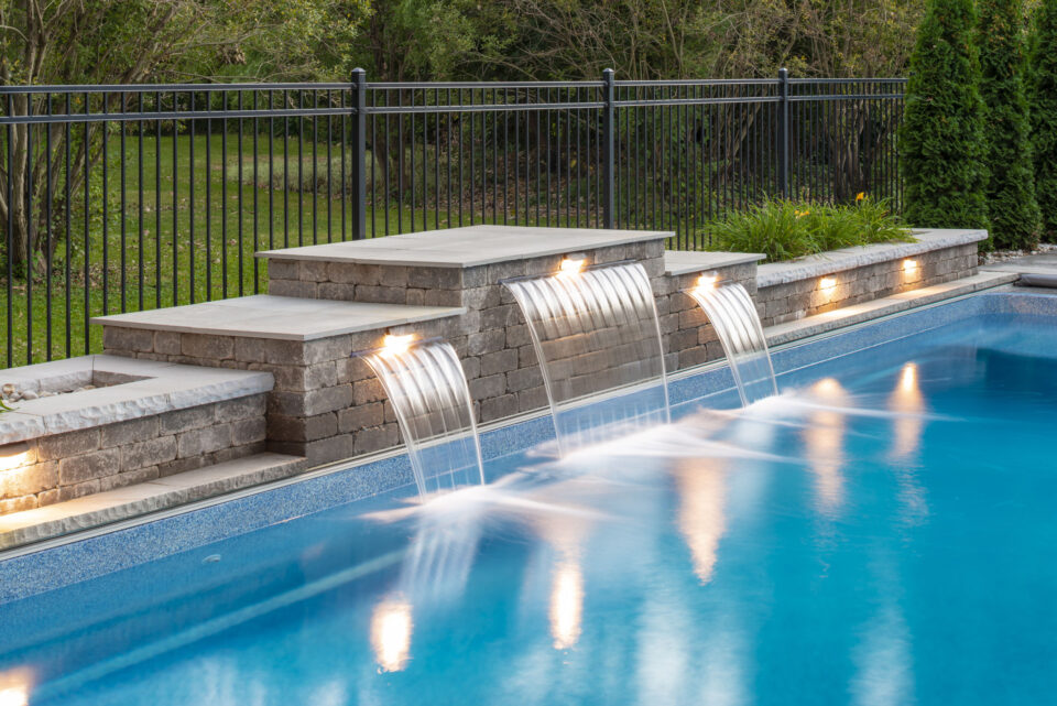Pool water fountains and lighting